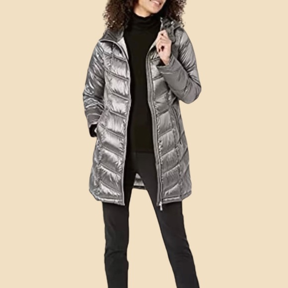 Calvin Klein Pewter Metallic Packable Down-Fill Blend Long Length Puffer Coat S - Picture 1 of 16